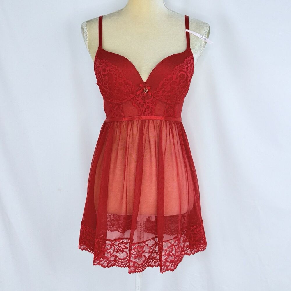 Daisy Fuentes Babydoll Red Chiffon Lace Size M Lingerie Festival Slip Dress Sexy